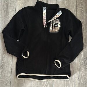 Black Fleece Pullover with Patterned Trim